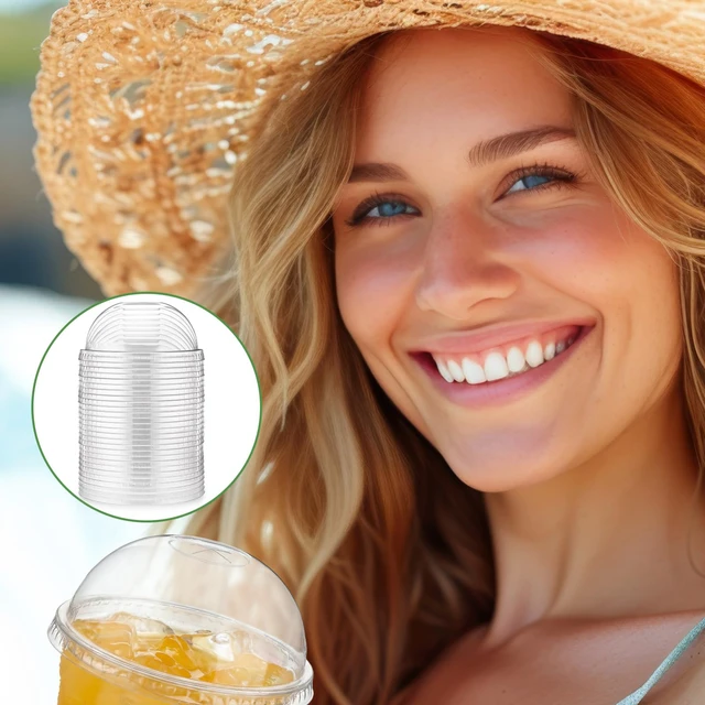 Alt view image 7 of 7 - 500 Pcs Clear Plastic Cup Dome Lids, Classic, 98 mm Clear Disposable Dome Design, Fits 16oz-20oz Plastic Cups, Leak-resistant for Hot Cold Beverages, Coffee Juice Party Cafe