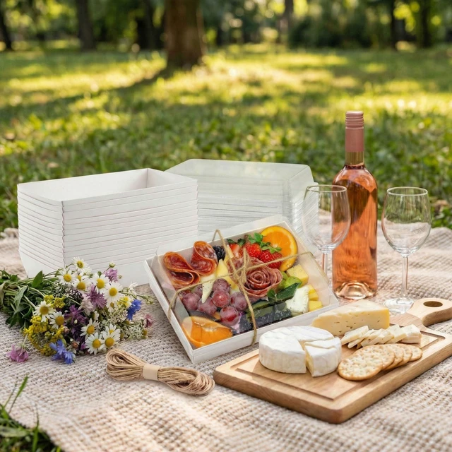Alt view image 5 of 7 - 50 Pack 7x5in Charcuterie Board Boxes with Clear Lids, Paper Containers Disposable Grease-Proof Dessert Packaging, Food Containers For Charcuterie, Bakery, Cookies, Pastry, Cake Slice, Strawberries