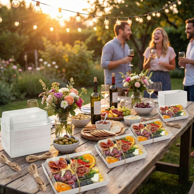 Alt view image 6 of 7 - 50 Pack 7x5in Charcuterie Board Boxes with Clear Lids, Paper Containers Disposable Grease-Proof Dessert Packaging, Food Containers For Charcuterie, Bakery, Cookies, Pastry, Cake Slice, Strawberries