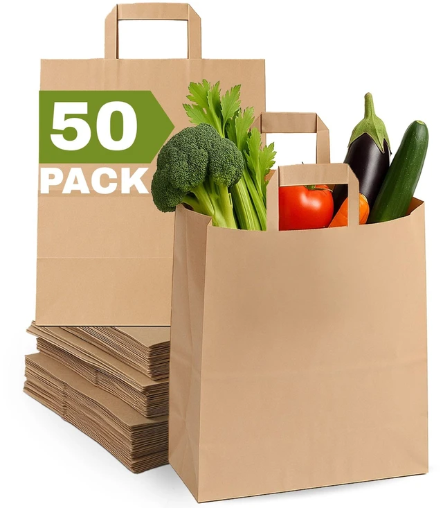 Main image of Large Paper Bags with Handles Bulk - 50 Pcs 12x7x14 Large Paper Grocery Shopping Bags with Handles, Brown Sacks for Groceries, Recycling, Delivery, Take Out, To Go,
