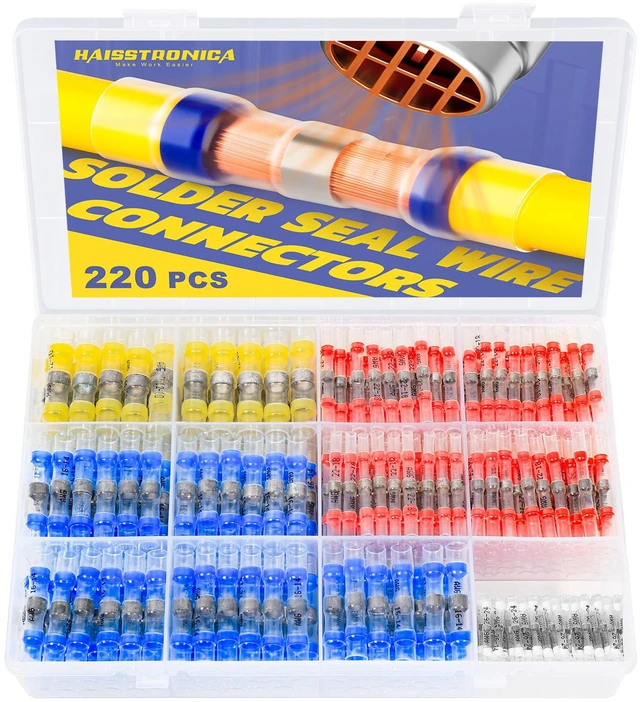 Main image of 220PCS Solder Seal Wire Connectors Kit, 4 Colors/4 Sizes 26-10 AWG, Wire Gauge Markings, Clear Sleeves, Hot-Melt Adhesive Rings, Compartment Storage, Automotive Wiring