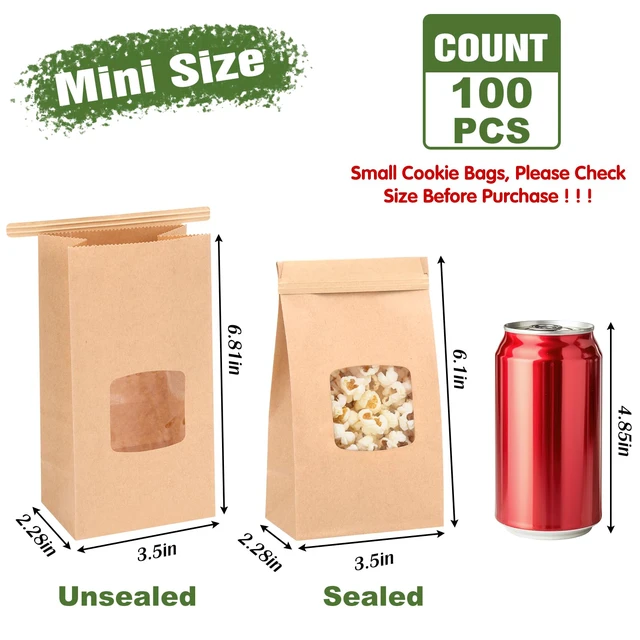 Alt view image 2 of 7 - 100pcs Small Bakery Cookie Bags with Seal,3.5x2.2x6.7In Treat Bags Brown Kraft Paper Treat Bag with Window Seal by Tin Tie Tab for Homemade Bread Cookie Pastry Treat Bakery Gift Giving Packing