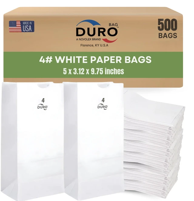 Main image of 51004 4# White Paper Lunch Bags, 5 x 3.12 x 9.75 in, 500 Ct Open-Top Design for Lunches, Sandwiches, Snacks, Candy, Cookies, Popcorn, Crafts, Retail Uses, Pharmacy Needs & Takeout