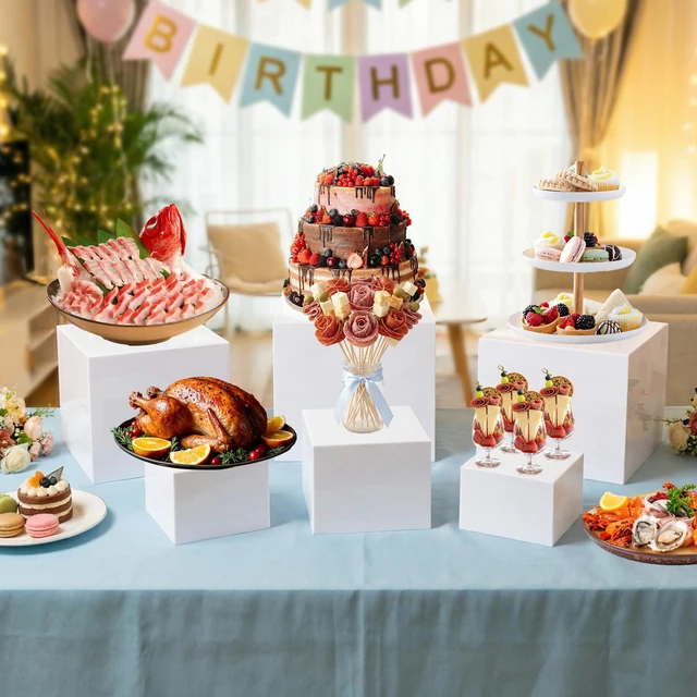 Alt view image 4 of 7 - 10 Pcs Acrylic Buffet Risers, Large Stackable Food Display Stand, Nesting Cube Box with Hollow Bottom, Food Risers for Buffet Table Dessert Jewelry Catering(10'' 9'' 8'' 7'' 6'' 5'' 5'' 4'' 4'' 3'')