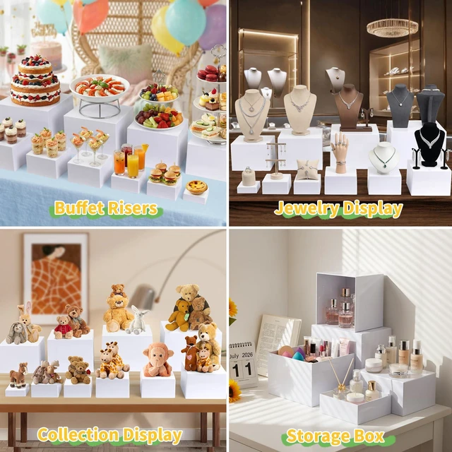 Alt view image 5 of 7 - 10 Pcs Acrylic Buffet Risers, Large Stackable Food Display Stand, Nesting Cube Box with Hollow Bottom, Food Risers for Buffet Table Dessert Jewelry Catering(10'' 9'' 8'' 7'' 6'' 5'' 5'' 4'' 4'' 3'')