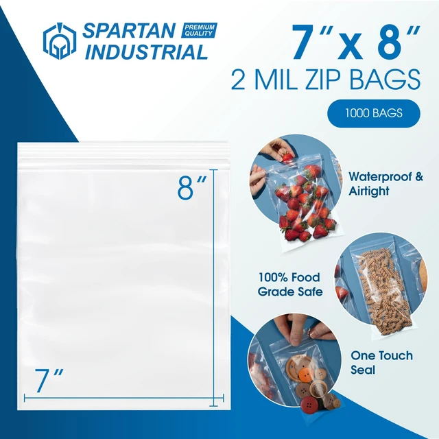 Alt view image 2 of 6 - 7 X 8 (1000 Count) 2 Mil Clear Reclosable Zip Plastic Poly Bags with Resealable Lock Seal Zipper