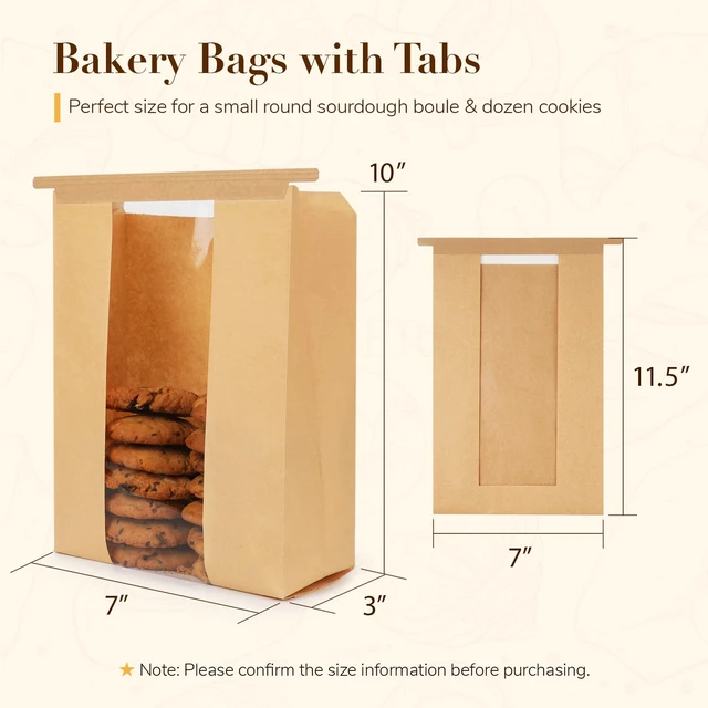 Alt view image 2 of 7 - 200 Pcs Small Paper Bread Bags with Tabs for Homemade Sourdough Bread Resealable Tin Tie Tab Bakery Bags with Window for Half Loaves, Round Sourdough and Dozen Cookies (7x3×11.5 Inches)