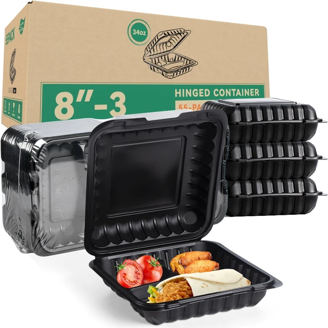 Main image of 55-Pack 8x8 34oz Black To Go Containers Shrink Wrapped No Pre-Wash 3-Compartment Sanitary Sealed BPA-Free Heavy Duty Clamshell | Microwave Freezer Safe, Leak-Proof Meal Prep & Leftover Boxes
