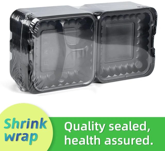 Alt view image 2 of 6 - 55-Pack 8x8 34oz Black To Go Containers Shrink Wrapped No Pre-Wash 3-Compartment Sanitary Sealed BPA-Free Heavy Duty Clamshell | Microwave Freezer Safe, Leak-Proof Meal Prep & Leftover Boxes