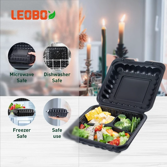 Alt view image 5 of 6 - 65-Pack 30oz 7.8 Inch Black Bento Box - Shrink Wrapped No Pre-Wash 3-Compartment Reusable & Sturdy | Microwave and Freezer Safe Takeout Containers for Catering, Meal Delivery & Leftovers