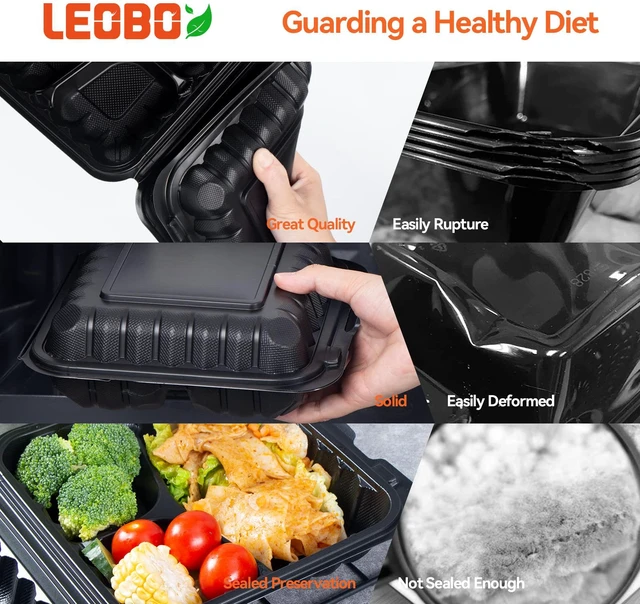 Alt view image 4 of 6 - 65-Pack 30oz 7.8 Inch Black Bento Box - Shrink Wrapped No Pre-Wash 3-Compartment Reusable & Sturdy | Microwave and Freezer Safe Takeout Containers for Catering, Meal Delivery & Leftovers