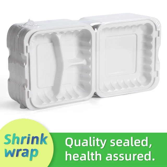 Alt view image 2 of 6 - 55-Pack 34oz 8 Inch Food Containers - Shrink Wrapped No Pre-Wash 3-Compartment Reusable & Secure Snap Closure | Bpa Free Microwave Safe for Leftovers, Work Meals, Takeout & Meal Prep, White