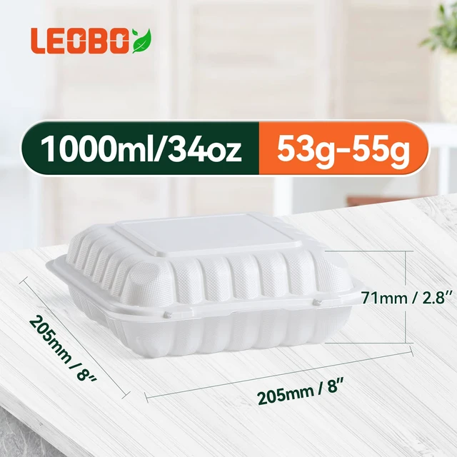 Alt view image 3 of 6 - 55-Pack 34oz 8 Inch Food Containers - Shrink Wrapped No Pre-Wash 3-Compartment Reusable & Secure Snap Closure | Bpa Free Microwave Safe for Leftovers, Work Meals, Takeout & Meal Prep, White