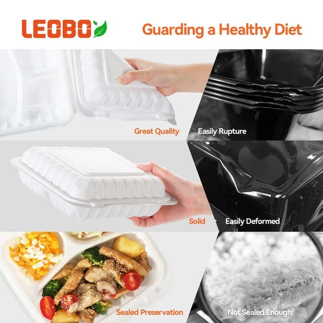 Alt view image 4 of 6 - 55-Pack 34oz 8 Inch Food Containers - Shrink Wrapped No Pre-Wash 3-Compartment Reusable & Secure Snap Closure | Bpa Free Microwave Safe for Leftovers, Work Meals, Takeout & Meal Prep, White