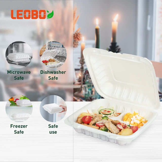 Alt view image 5 of 6 - 55-Pack 34oz 8 Inch Food Containers - Shrink Wrapped No Pre-Wash 3-Compartment Reusable & Secure Snap Closure | Bpa Free Microwave Safe for Leftovers, Work Meals, Takeout & Meal Prep, White