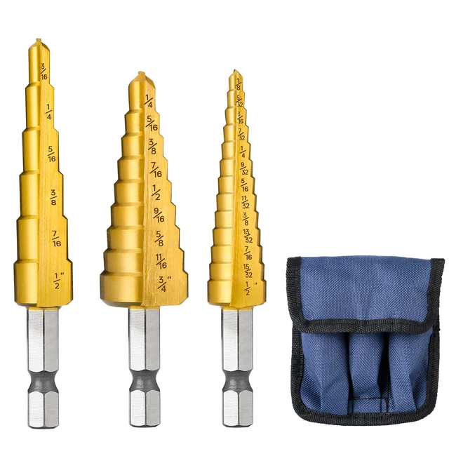 Main image of 3PCS HSS Step Drill Bit Set for Metal Titanium Unibit 28 Sizes Titanium Stepper Up Bits with Portable Bag for Sheet Metal, Aluminum, Iron and Plastic