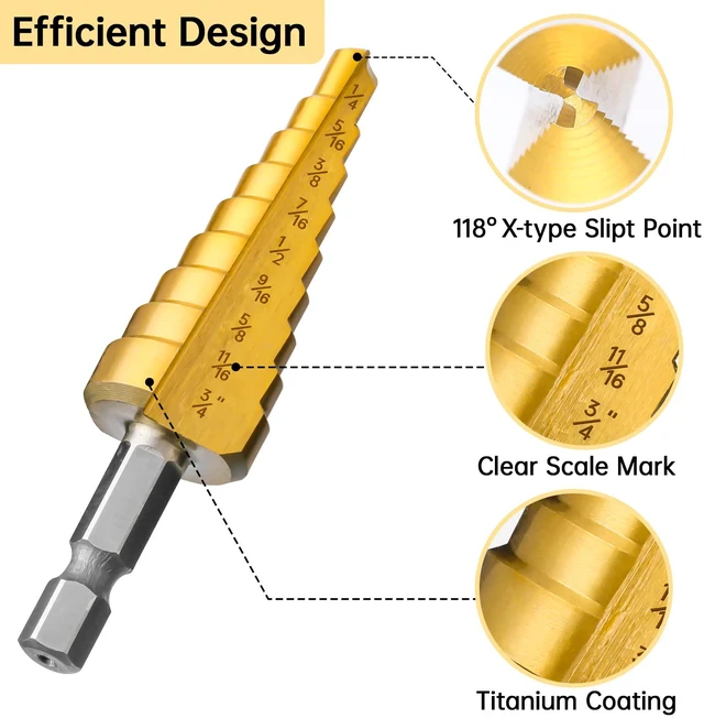 Alt view image 2 of 6 - 3PCS HSS Step Drill Bit Set for Metal Titanium Unibit 28 Sizes Titanium Stepper Up Bits with Portable Bag for Sheet Metal, Aluminum, Iron and Plastic
