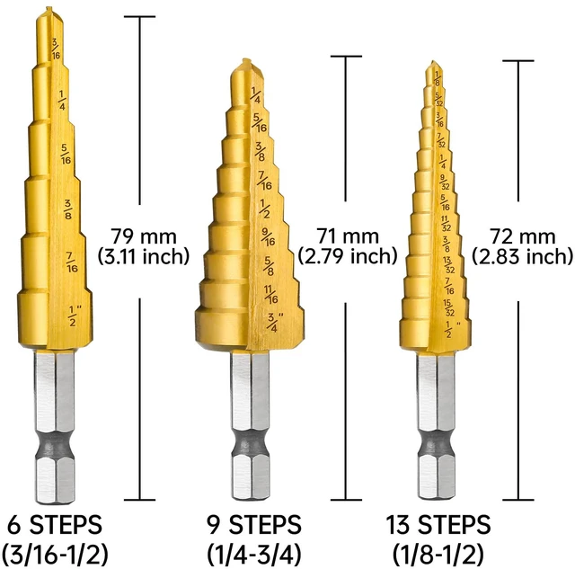 Alt view image 3 of 6 - 3PCS HSS Step Drill Bit Set for Metal Titanium Unibit 28 Sizes Titanium Stepper Up Bits with Portable Bag for Sheet Metal, Aluminum, Iron and Plastic