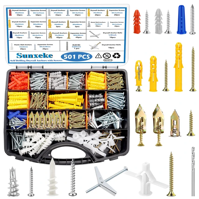 Main image of 501PCS Drywall Anchors and Toggle Bolts with Screws Kit, 250PCS Dry Wall Anchors and 250PCS Expansion Screws (2026 Upgraded),11 Sizes Sheetrock Anchors Screws Kit for Wall Art Decor