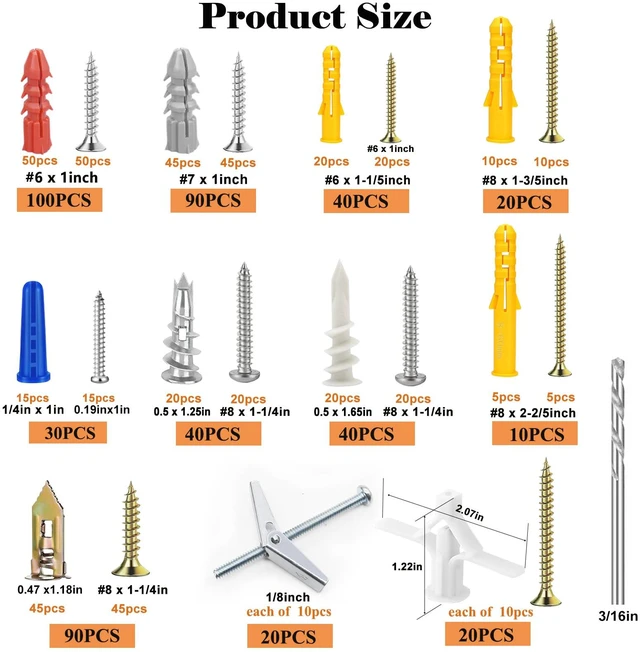 Alt view image 2 of 7 - 501PCS Drywall Anchors and Toggle Bolts with Screws Kit, 250PCS Dry Wall Anchors and 250PCS Expansion Screws (2026 Upgraded),11 Sizes Sheetrock Anchors Screws Kit for Wall Art Decor
