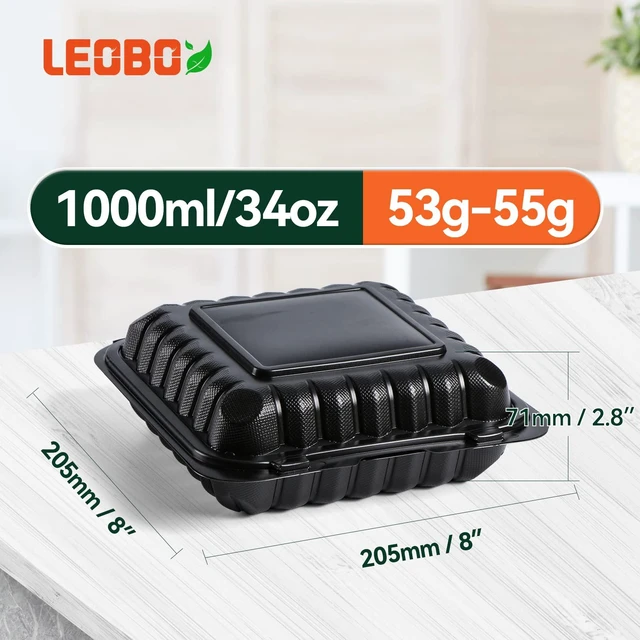 Alt view image 3 of 6 - 55-Pack 8x8 34oz Black To Go Containers Shrink Wrapped No Pre-Wash 3-Compartment Sanitary Sealed BPA-Free Heavy Duty Clamshell | Microwave Freezer Safe, Leak-Proof Meal Prep & Leftover Boxes