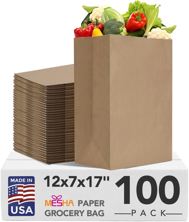 Main image of Paper Grocery Bags 12 x 7 x 17 Inches 100 Pack Bulk 60 Lbs Basis Heavy Duty Kraft Brown Paper Bags, Large Grocery Kraft Sacks - Takeout, Restaurant, Retail, Shopping Storage and DIY Crafts
