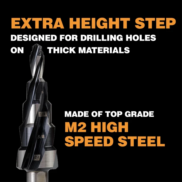 Alt view image 3 of 6 - 1/4"-3/4" M2 Step Drill Bit Unibit for Hole Drilling 5 Sizes M2 HSS; Hole Drilling in Extra Thick Material/Panel/Plate, Stainless Steel, Copper, Aluminum, Wood, Plastic