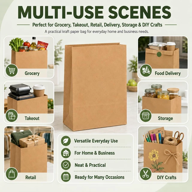 Alt view image 5 of 7 - Paper Grocery Bags 12 x 7 x 17 Inches 100 Pack Bulk 60 Lbs Basis Heavy Duty Kraft Brown Paper Bags, Large Grocery Kraft Sacks - Takeout, Restaurant, Retail, Shopping Storage and DIY Crafts