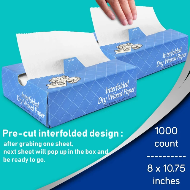 Alt view image 3 of 7 - 1000 Sheets 8 x 10.75 Dry Wax Paper Sheets for Food, Greaseproof Sandwich Wrapping, Interfolded Deli Wax Paper for Fries, Burgers, Food Basket, Made in USA