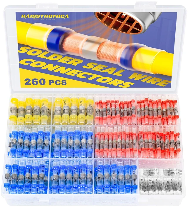 Main image of 260PCS Solder Seal Wire Connectors Kit, 4 Colors/4 Sizes 26-10 AWG, Wire Gauge Markings, Clear Sleeves, Hot-Melt Adhesive Rings, Compartment Storage, Automotive Wiring