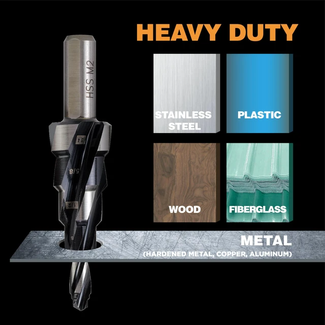 Alt view image 6 of 6 - 1/4"-3/4" M2 Step Drill Bit Unibit for Hole Drilling 5 Sizes M2 HSS; Hole Drilling in Extra Thick Material/Panel/Plate, Stainless Steel, Copper, Aluminum, Wood, Plastic