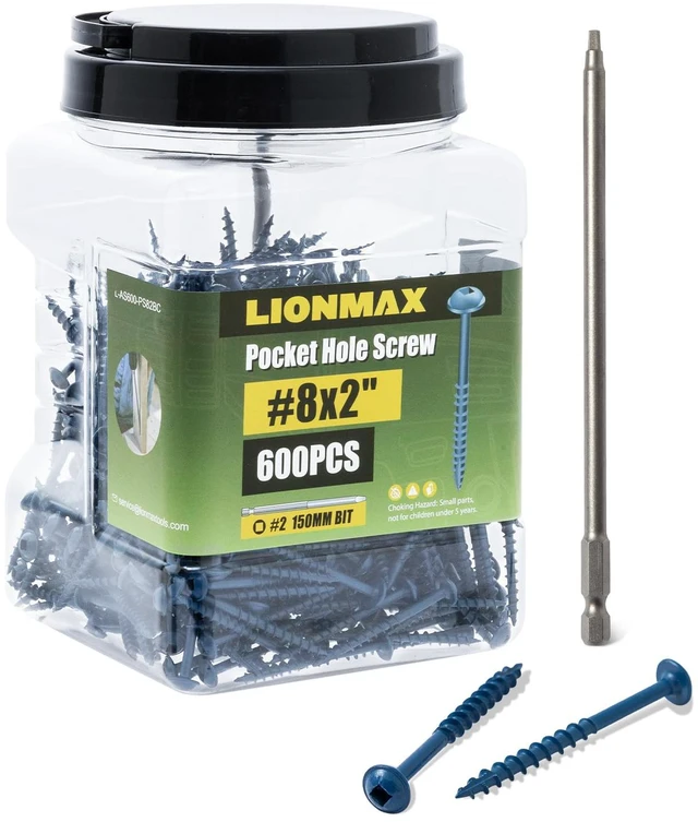 Main image of Pocket Hole Screws 2 Inch, 600 PCS Exterior Pocket Screws #8 x 2 Rust Resistant Blue Coated, Coarse Thread, Square Drive, Washer Head, for Outdoor Use, Self Tapping, 150MM Drive Bit Included