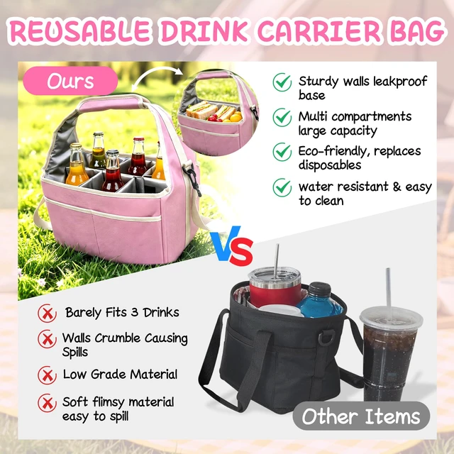 Alt view image 5 of 7 - Reusable Drink Carrier Tote Bag with Handle Family Size 6 Compartment Water Bottle Holder with Adjustable Shoulder Strap & Removable Dividers Multiple Tumbler Caddy for Car,Delivery,Family Outings