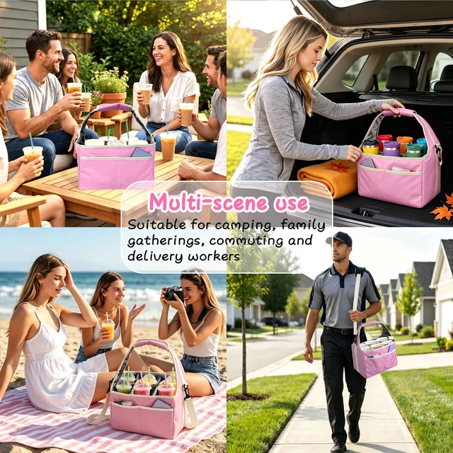 Alt view image 7 of 7 - Reusable Drink Carrier Tote Bag with Handle Family Size 6 Compartment Water Bottle Holder with Adjustable Shoulder Strap & Removable Dividers Multiple Tumbler Caddy for Car,Delivery,Family Outings