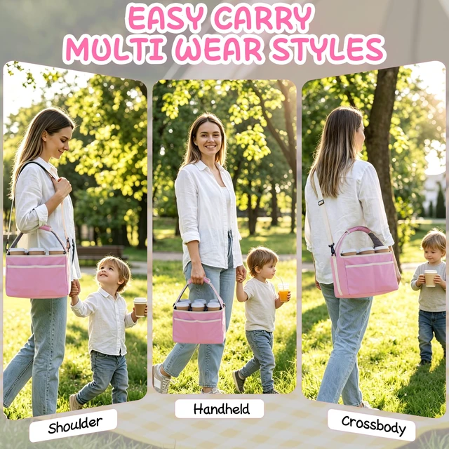 Alt view image 6 of 7 - Reusable Drink Carrier Tote Bag with Handle Family Size 6 Compartment Water Bottle Holder with Adjustable Shoulder Strap & Removable Dividers Multiple Tumbler Caddy for Car,Delivery,Family Outings
