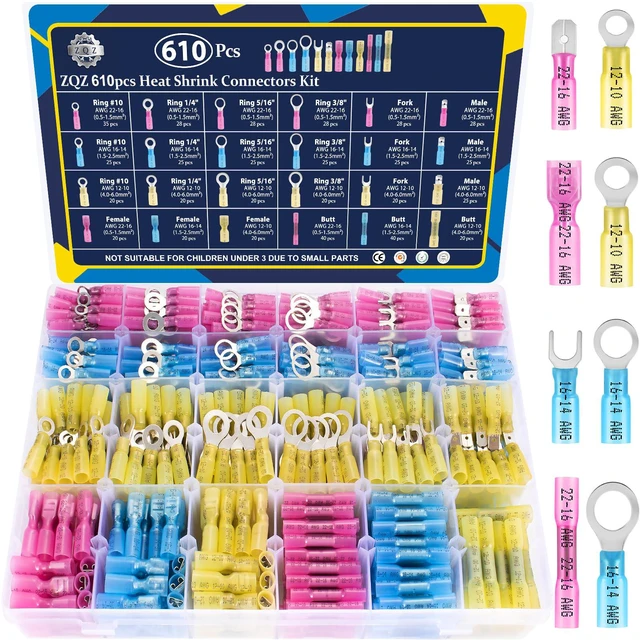 Main image of 610Pcs Heat Shrink Marine Wire Connectors Assortment Kit, Waterproof heat shrink crimp terminals connectors set, assorted marine grade wire ends Insulated electrical connectors, 3 colors 24 size