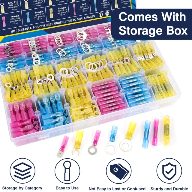Alt view image 6 of 7 - 610Pcs Heat Shrink Marine Wire Connectors Assortment Kit, Waterproof heat shrink crimp terminals connectors set, assorted marine grade wire ends Insulated electrical connectors, 3 colors 24 size