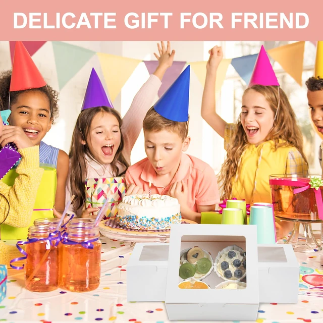 Alt view image 7 of 7 - Cupcake Boxes with Window, 6x6x3 Inches Cookie Boxes,50 Pack,White Bakery Treat Boxes for Pastry, Desserts, Chocolate Strawberries, Cupcake Containerss for Gift Giving with Stickers & Twine