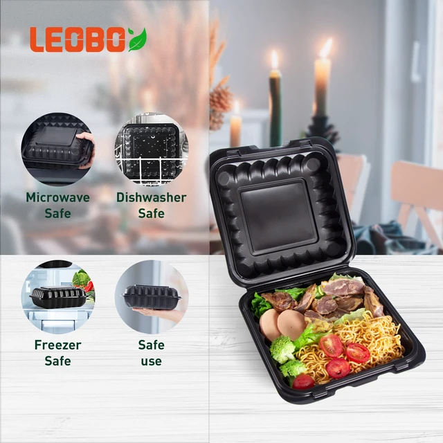 Alt view image 3 of 6 - 8 Inch 34oz 55-Pack Black To Go Boxes - Shrink Wrapped No Pre-Wash BPA Free Sturdy Reusable & Elegant | Microwave Safe for Hot Meals, Leftovers & Events | Disposable Takeout Food Containers