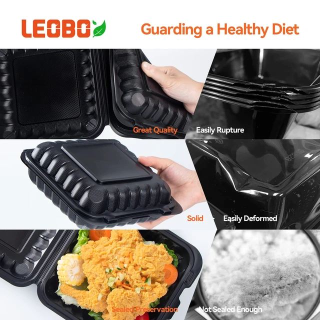 Alt view image 4 of 6 - 8 Inch 34oz 55-Pack Black To Go Boxes - Shrink Wrapped No Pre-Wash BPA Free Sturdy Reusable & Elegant | Microwave Safe for Hot Meals, Leftovers & Events | Disposable Takeout Food Containers