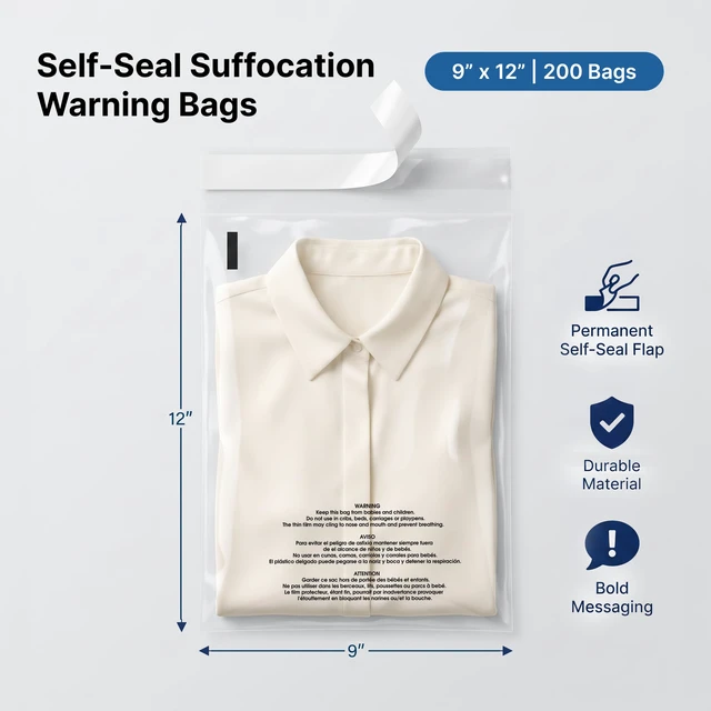 Alt view image 2 of 7 - 9 X 12 (200 Count) Self Seal Clear Poly Bags with Suffocation Warning for Packaging, T Shirts - Permanent Adhesive