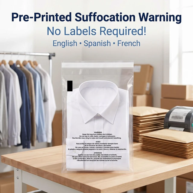 Alt view image 3 of 7 - 8 X 10 (200 Count) Self Seal Clear Poly Bags with Suffocation Warning for Packaging, Clothing, and Fulfillment - Permanent Adhesive