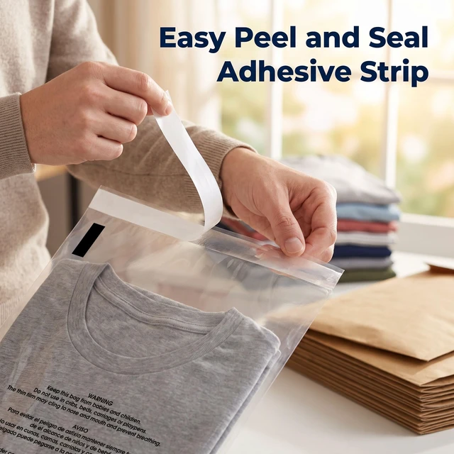 Alt view image 5 of 7 - 8 X 10 (200 Count) Self Seal Clear Poly Bags with Suffocation Warning for Packaging, Clothing, and Fulfillment - Permanent Adhesive