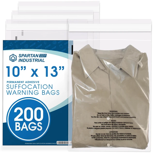 Main image of 10 X 13 (200 Count) Self Seal Clear Poly Bags with Suffocation Warning for Packaging, T Shirts - Permanent Adhesive