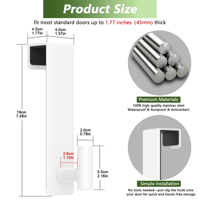 Alt view image 2 of 7 - Stainless Steel Over The Door Hooks Heavy Duty, Bathroom Towel Holder Door Mount Coat Rack Towel Rack for Bedroom, Doors Hangers Towel Hooks for Bathroom Dorm Essentials (White, 2 Pack)
