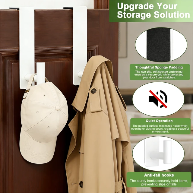 Alt view image 6 of 7 - Stainless Steel Over The Door Hooks Heavy Duty, Bathroom Towel Holder Door Mount Coat Rack Towel Rack for Bedroom, Doors Hangers Towel Hooks for Bathroom Dorm Essentials (White, 2 Pack)