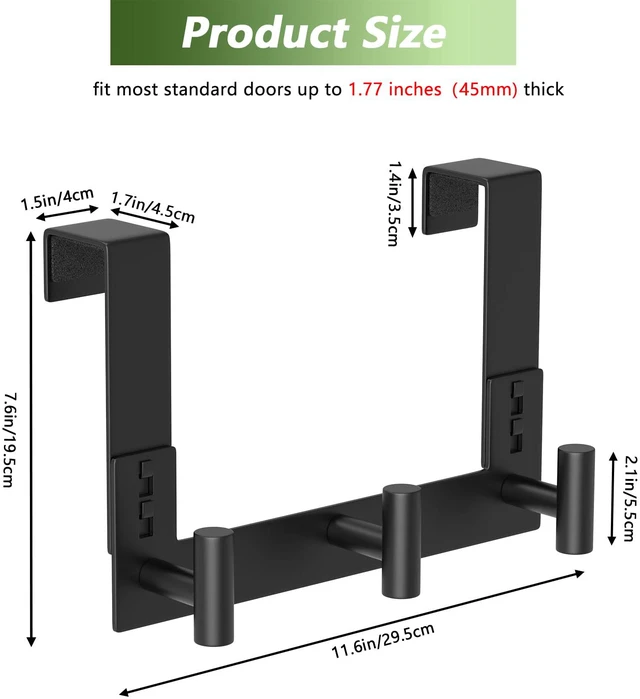 Alt view image 2 of 7 - Stainless Steel Over The Door Hooks Heavy Duty, Bathroom Towel Holder Door Mount Coat Rack Towel Rack for Bedroom, Doors Hangers Towel Hooks for Bathroom Dorm Essentials (1Pack, Black-3 Hooks)