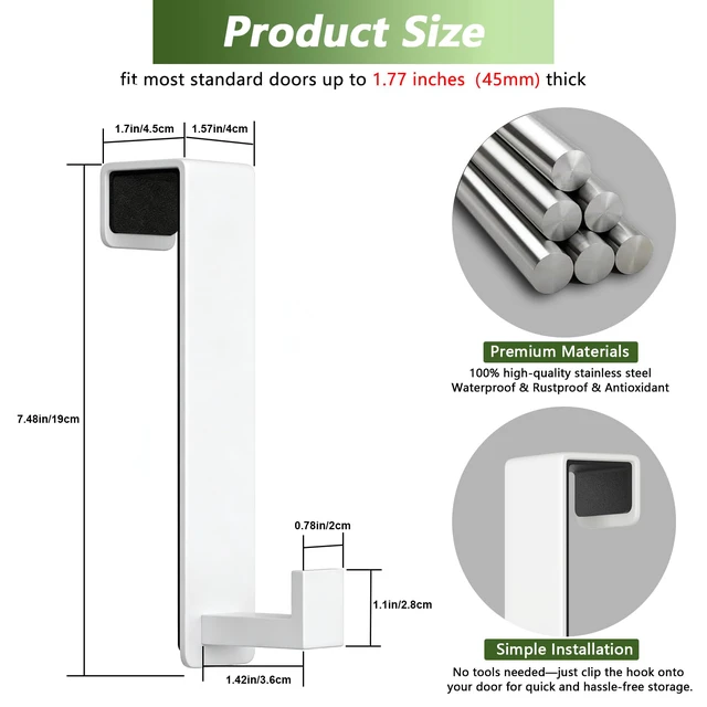 Alt view image 2 of 7 - Stainless Steel Over The Door Hooks Heavy Duty, Door Mount Coat Rack Bathroom Towel Holder Towel Rack for Bedroom, Doors Hangers Towel Hooks for Bathroom Dorm Essentials (White, 2 Pack)