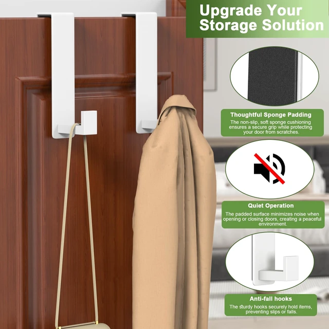 Alt view image 6 of 7 - Stainless Steel Over The Door Hooks Heavy Duty, Door Mount Coat Rack Bathroom Towel Holder Towel Rack for Bedroom, Doors Hangers Towel Hooks for Bathroom Dorm Essentials (White, 2 Pack)