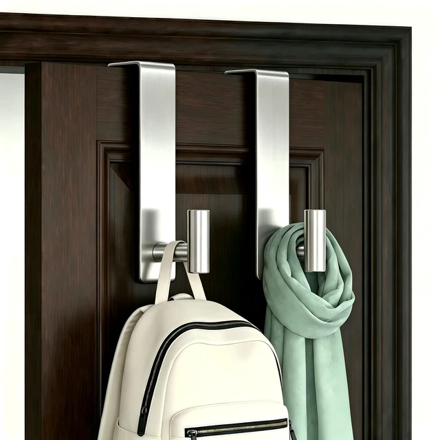 Main image of Stainless Steel Over The Door Hooks Heavy Duty, Bathroom Towel Holder Door Mount Coat Rack Towel Rack for Bedroom, Doors Hangers Towel Hooks for Bathroom Dorm Essentials (Silver, 2 Pack)
